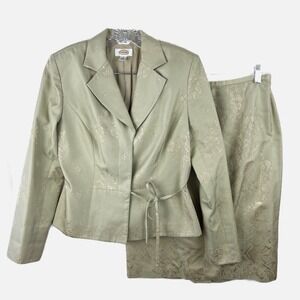 TALBOTS Pale Green‎ 100% Pure Silk Floral Jacquard Classic 2-Piece Suit Size 8